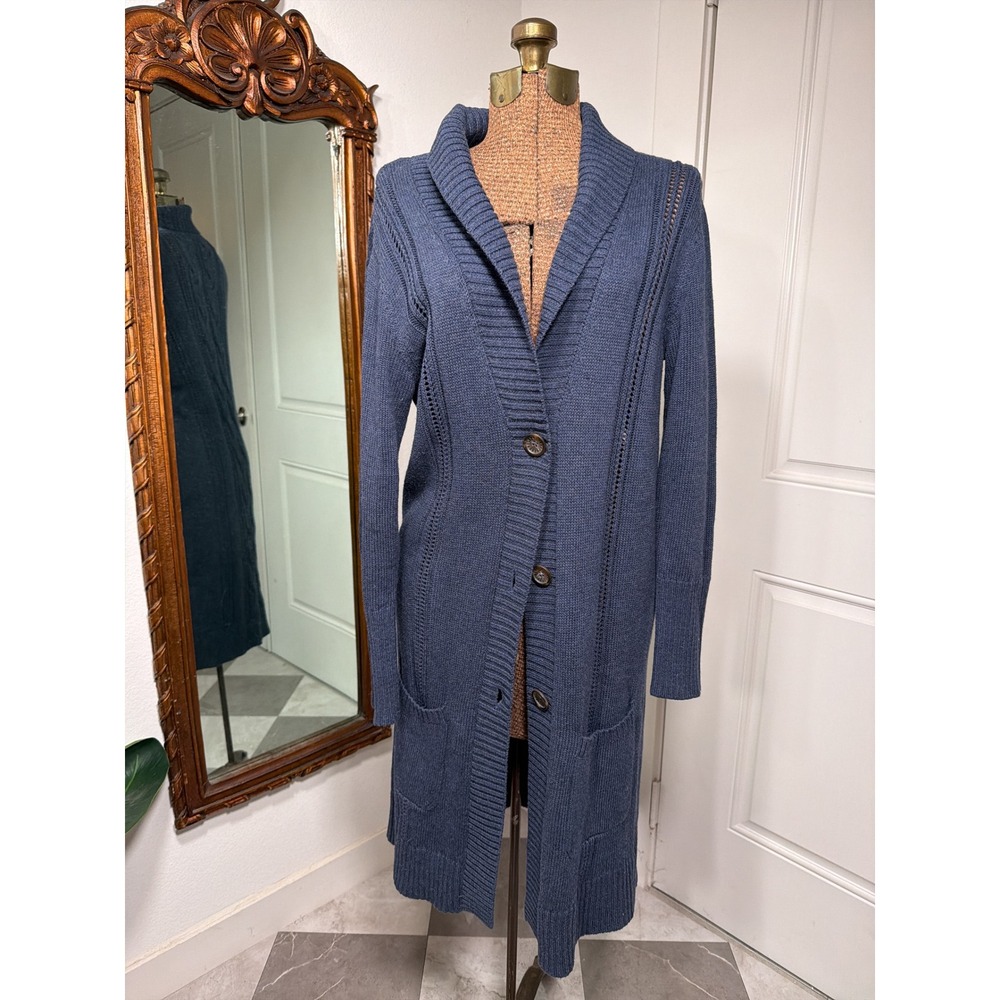 UGG Australia Women Blue Cable Knit Longline Shawl Collar Duster Cardigan XS/S